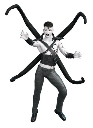 Abstract hybrid of man and spider in leather outfit, 3D Illustration.の写真素材