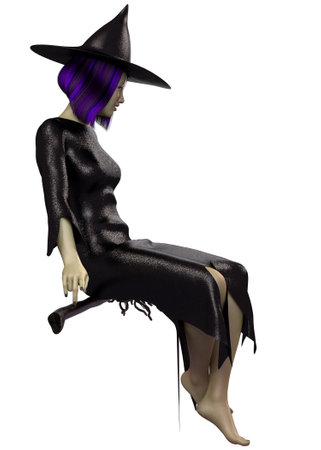Fantasy witch woman with green skin, violet eyes and hair, with broomstick, 3D Illustration.の写真素材