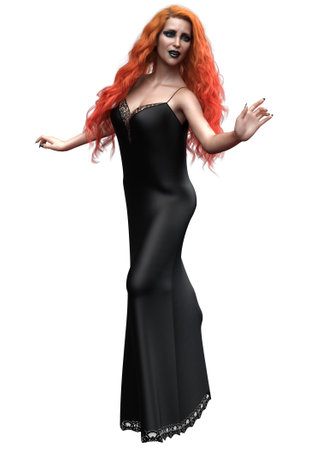 Gothic woman with curly red hair wears long black nightgown, 3D Illustration.の写真素材