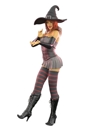 Fantasy green skinned naughty witch in Halloween outfit, 3D Illustration.の写真素材