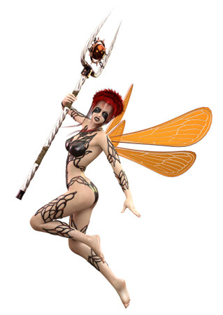 Abstract fantasy warrior fairy girl with mage weapon, 3D Illustration.の写真素材