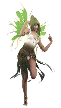 Fantasy fairy girl in hat with green wings, 3D Illustration.の写真素材