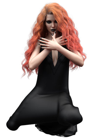 Gothic woman with curly red hair wears long black nightgown, 3D Illustration.の写真素材