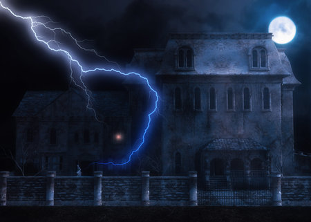 Abandoned haunted mansion at night time, 3D Illustration.の写真素材