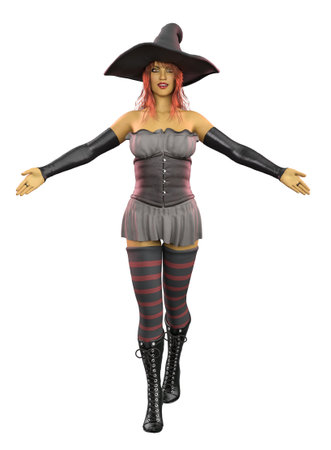 Fantasy green skinned naughty witch in Halloween outfit, 3D Illustration.の写真素材