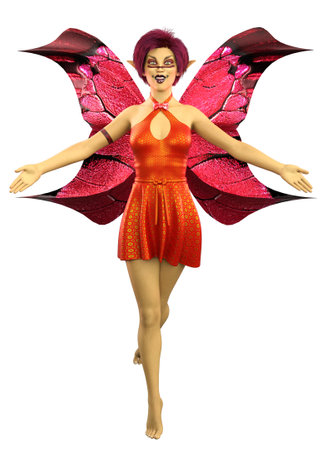 Abstract fairy girl in red outfit with butterfly wings, 3D Illustration.の写真素材