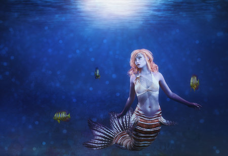 Dark underwater scene with coral reef and mermaid, 3D Illustration.の写真素材