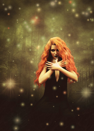 Dark foggy forest and red haired witch woman, 3D Illustration.の写真素材