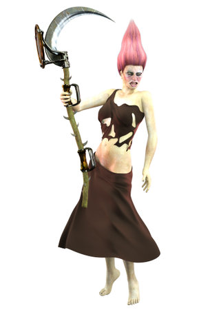 Woman monster with pink hair and weapon, 3D Illustration.の写真素材