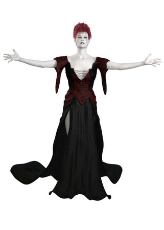 Fantasy mage, witch woman with pale skin wears black red outfit, 3D Illustration.の写真素材