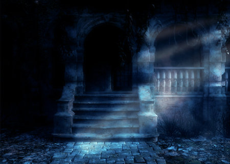 Abandoned haunted mansion at night time, 3D Illustration.の写真素材