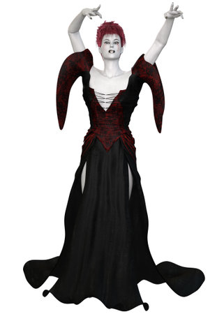 Fantasy mage, witch woman with pale skin wears black red outfit, 3D Illustration.の写真素材