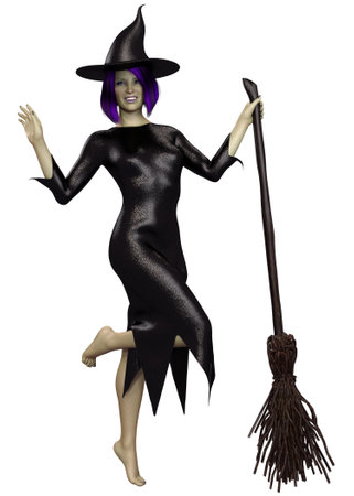 Fantasy witch woman with green skin, violet eyes and hair, with broomstick, 3D Illustration.の写真素材