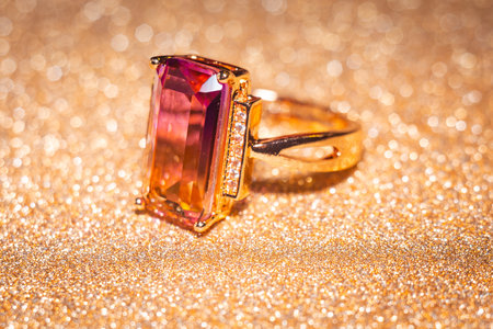 Fashion golden ring with pink yellow stone, close up background.の写真素材