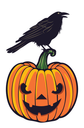 Ripe big orange pumpkin with carved face and crow, Halloween themed illustration.のイラスト素材