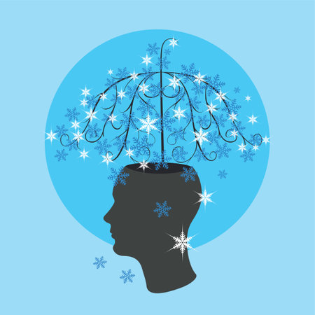 Abstract leafless tree with decorative snowflakes glowing from human head illustration.のイラスト素材
