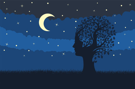 Abstract tree silhouette with leaves and female head on the grass field at night, ecology concept illustration.のイラスト素材