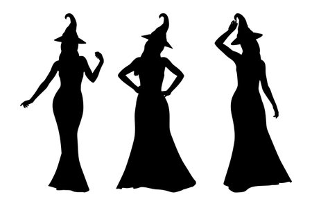 Woman in witch hat and long dress, detailed silhouette.のイラスト素材