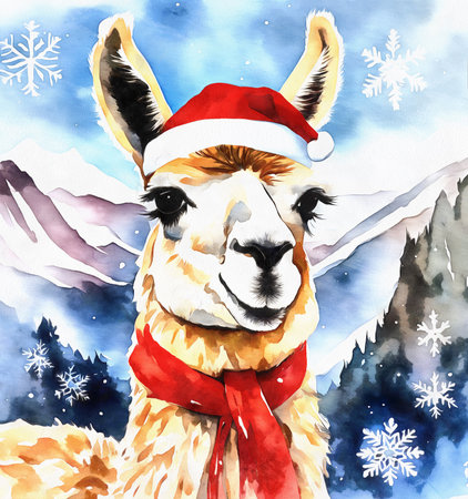 Cute llama in red hat and scarf watercolor painting.の素材