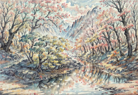 Mountains, river and autumn trees in the valley, ancient Asian painting style.の素材