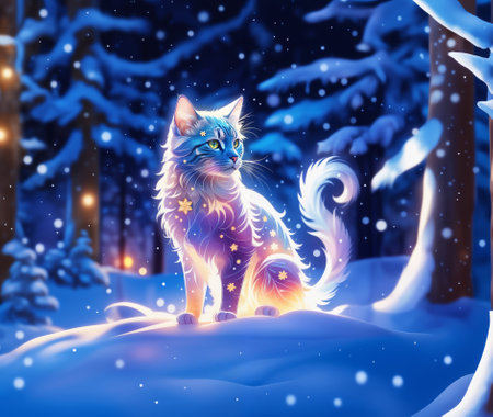 Fantasy white winter cat with snowflakes illustration.の素材