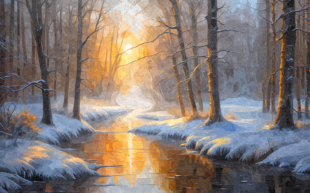 Frozen trees near the river at sunset, painted winter scene.の素材