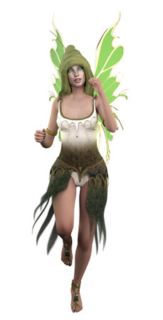 Fantasy fairy girl in hat with green wings, 3D Illustration.の写真素材