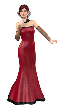 Young woman in gothic style red glittering dress, 3D Illustration.の写真素材