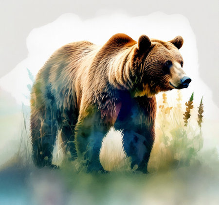 Big brown bear and grass watercolor illustration.の素材