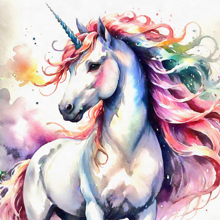 Colorful watercolor illustration of fantasy unicorn digital art.の素材