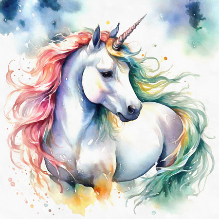 Colorful watercolor illustration of fantasy unicorn digital art.の素材
