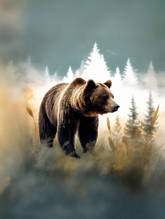 Big brown bear and grass watercolor illustration.の素材