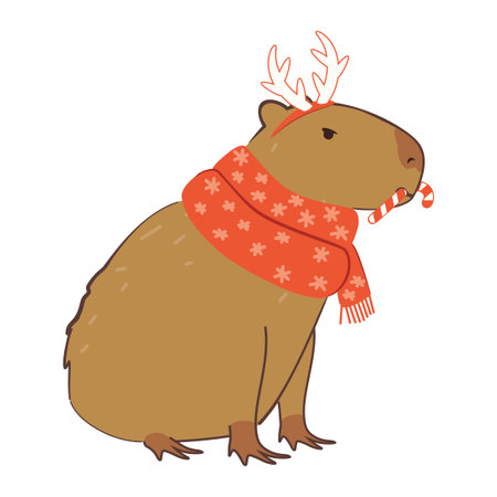 Cute cartoon capybara wears red winter scarf, Christmas themed illustration.のイラスト素材