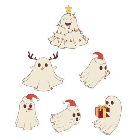Cute cartoon Christmas spirits bundle, funny ghosts.のイラスト素材