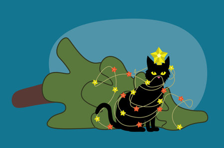 Cute and funny black cat knocks down Christmas tree illustration.のイラスト素材