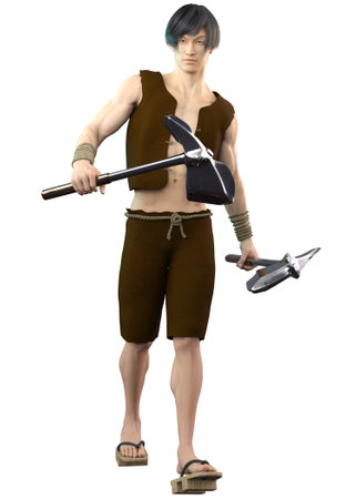 Young Asian man with two metal axes, 3D Illustration.の写真素材