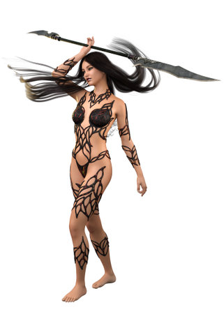 Female fantasy warrior with long black hair, 3D Illustration.の写真素材