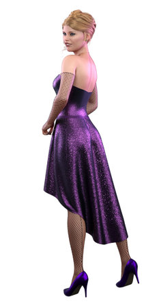 Woman in sparkling violet evening dress, 3D Illustration.の写真素材