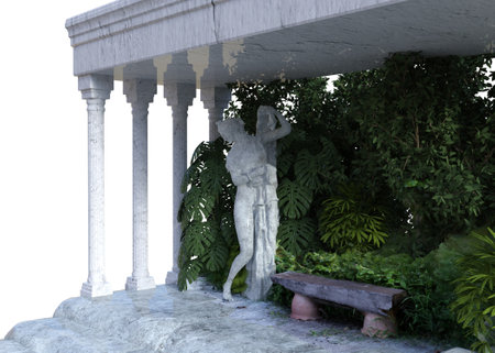 White marble female statue and stone bench with green plants, 3D Illustration.の写真素材