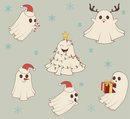 Cute cartoon Christmas spirits bundle, funny ghosts.のイラスト素材