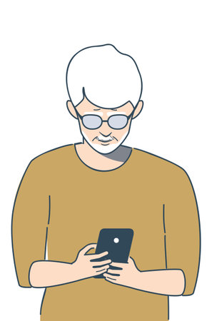 Flat style elder man holding smartphone in hands.のイラスト素材