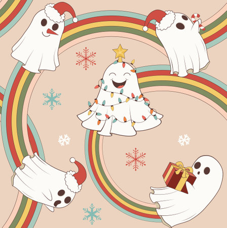 Cute cartoon Christmas spirits bundle, funny ghosts.のイラスト素材
