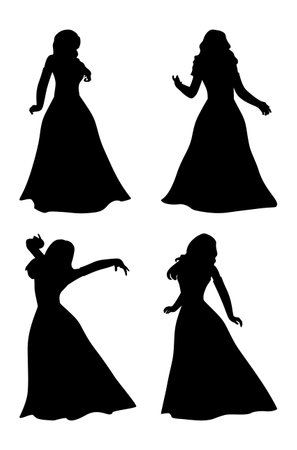 Detailed black silhouette of a woman with long hair in ball gown illustration.のイラスト素材