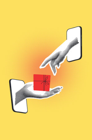 Collage with halftone female hand and gift box with bow.のイラスト素材
