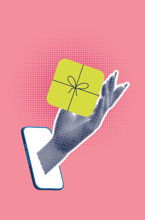 Collage with halftone female hand and gift box with bow.のイラスト素材