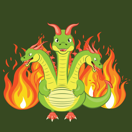 Cute cartoon green dragon with three heads and fire flames illustrationのイラスト素材