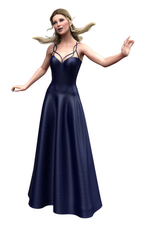 Young woman with blond hair wears a dark blue evening dress, 3D Illustration.の写真素材