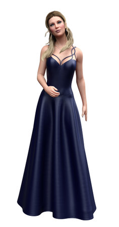 Young woman with blond hair wears a dark blue evening dress, 3D Illustration.の写真素材