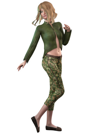 Young woman with blond hair wear casual green outfit, 3D Illustration.の写真素材