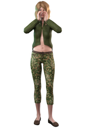 Young woman with blond hair wear casual green outfit, 3D Illustration.の写真素材